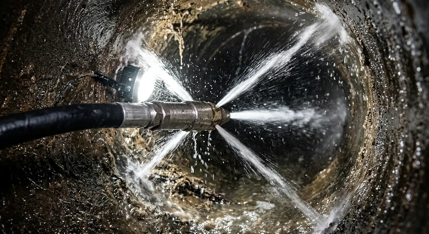 High-pressure hydro jetting nozzle cleaning sewer pipe for Sewer Cleanout in Spring Lake