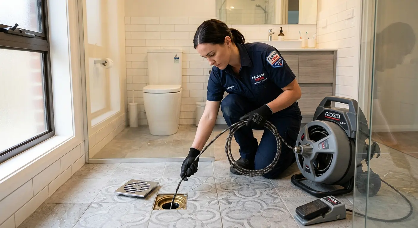 Technician clearing a bathroom floor drain for Drain Cleaning in Spring Lake